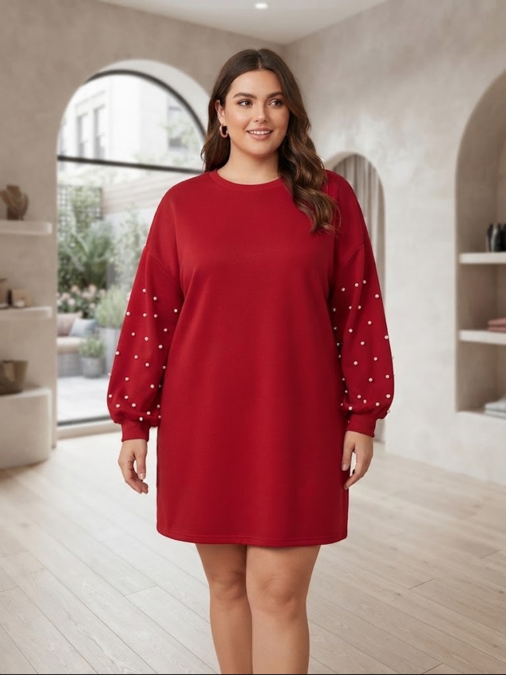 Take 50-SHEIN Curve Women's Red Pearl-Embellished Sweater Dress, Size-1XL